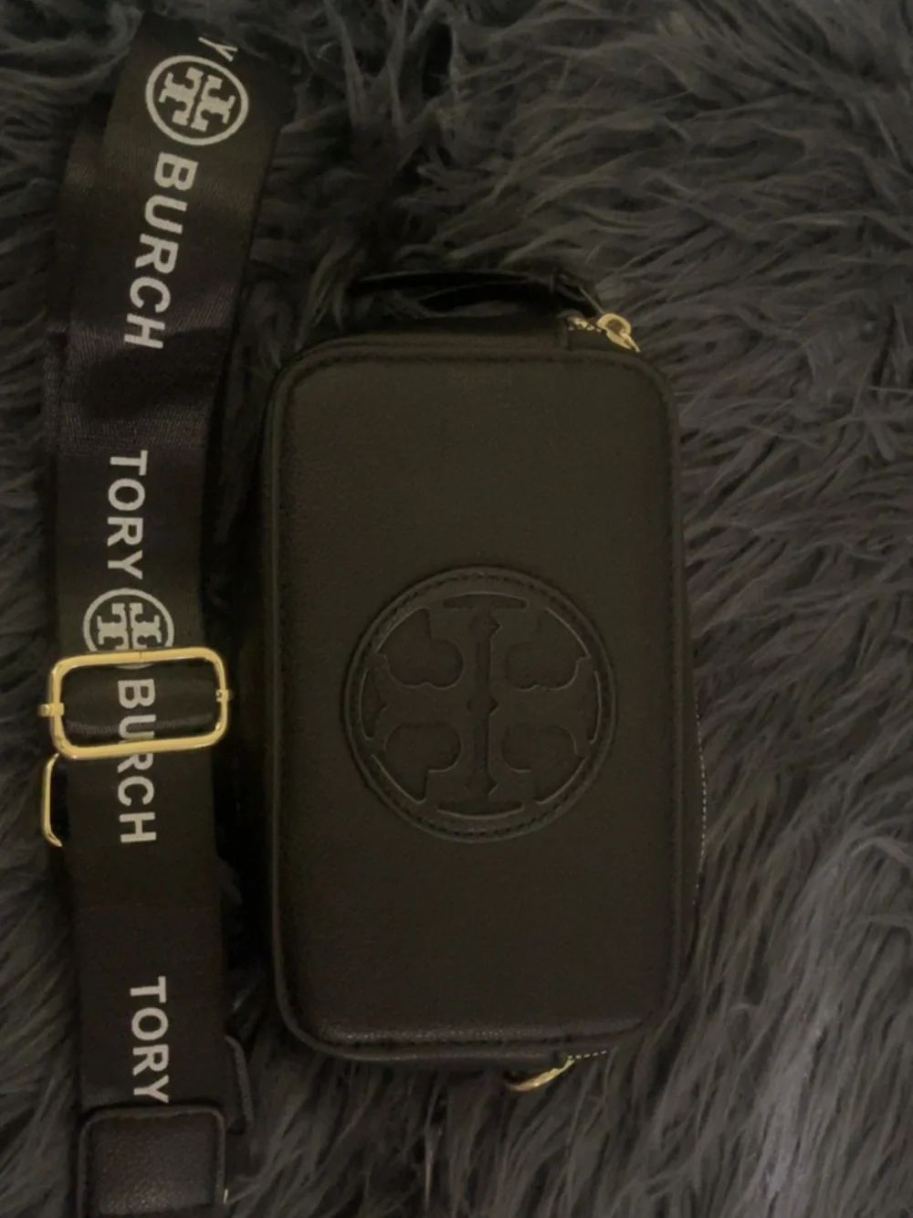 Tory Burch Black Leather Logo Crossbody Bag with Branded Strap